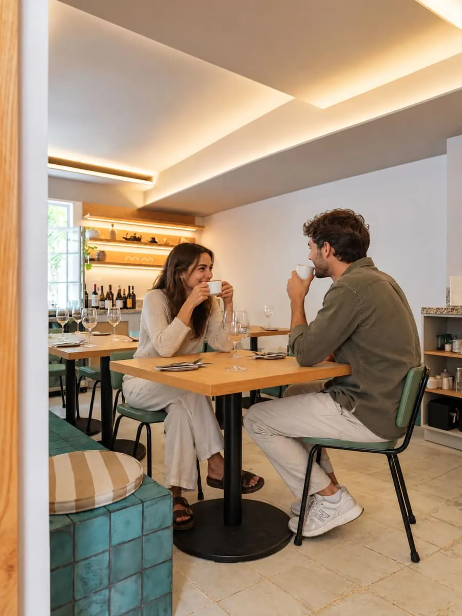 Dos huéspedes conversando en una mesa de Calma