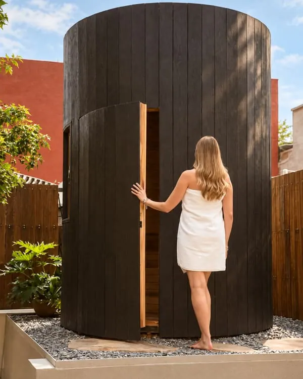 Un huésped en la puerta del sauna de la azotea
