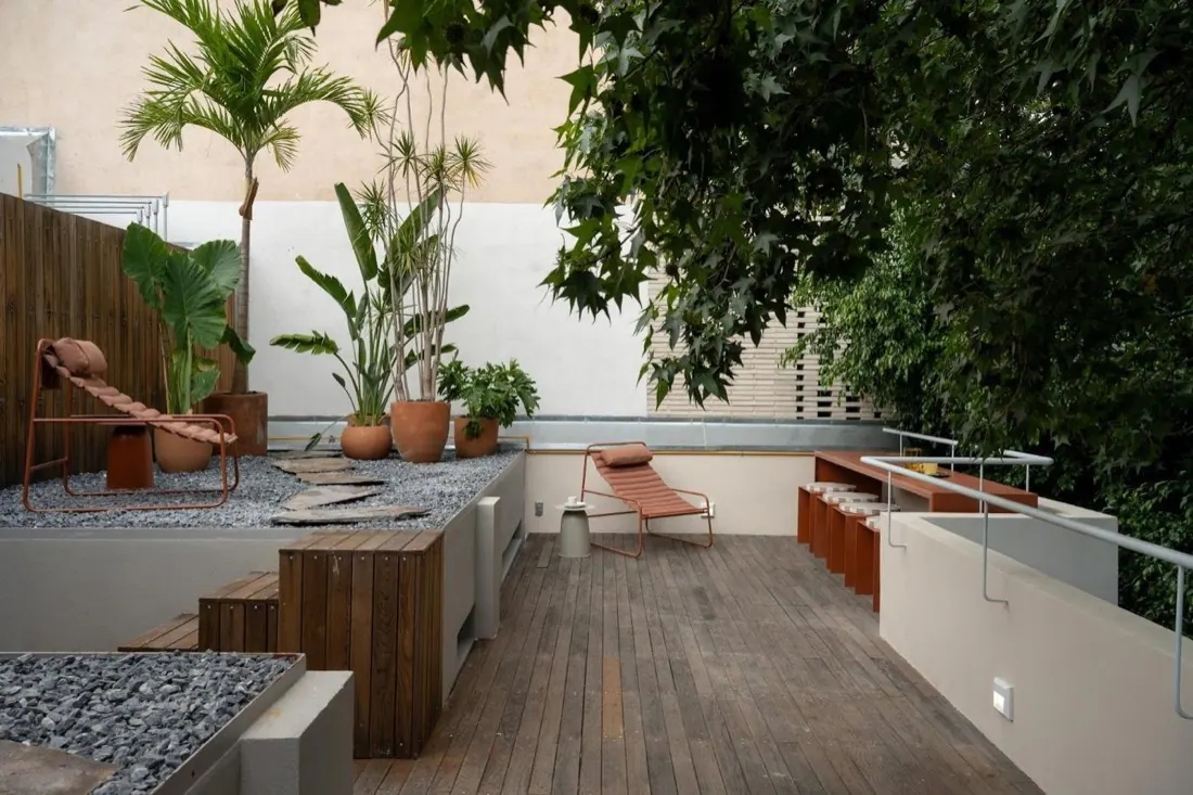 Terraza de la azotea con camastros y plantas, antes