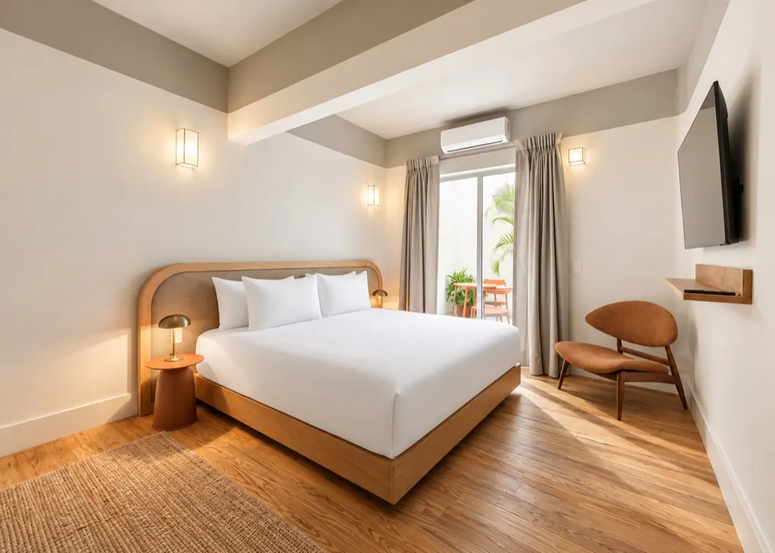 El mismo cuarto después: luz de día brillante, ropa de cama planchada y bien tendida