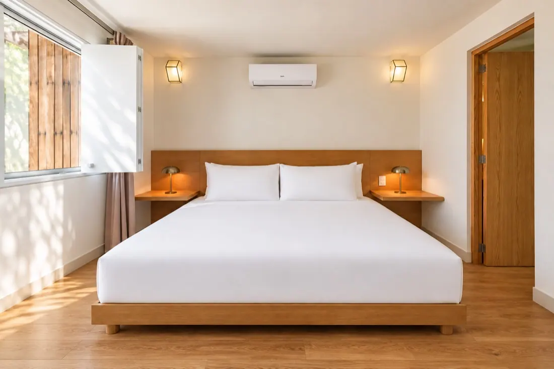 El mismo cuarto después: sol a través de la contraventana, la cama completa en cuadro