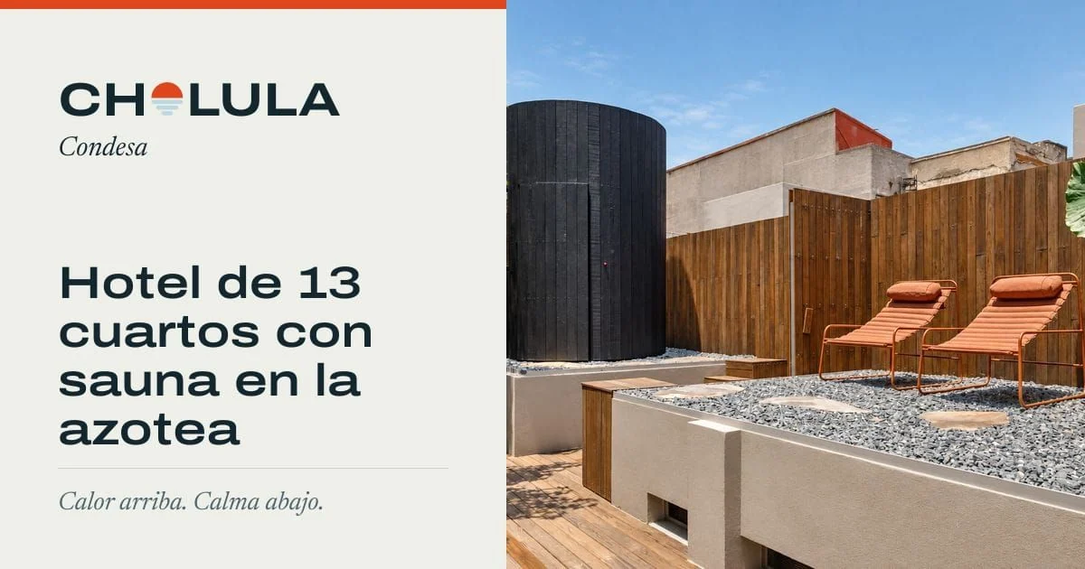 Imagen para compartir del sitio nuevo: tarjeta con el logo, la frase Hotel de 13 cuartos con sauna en la azotea y una foto de la azotea