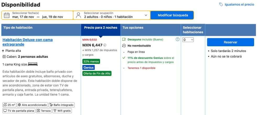 Booking.com, 17 a 19 de noviembre: Habitación Deluxe con cama extragrande a MXN 6,447 más 1,257 de impuestos