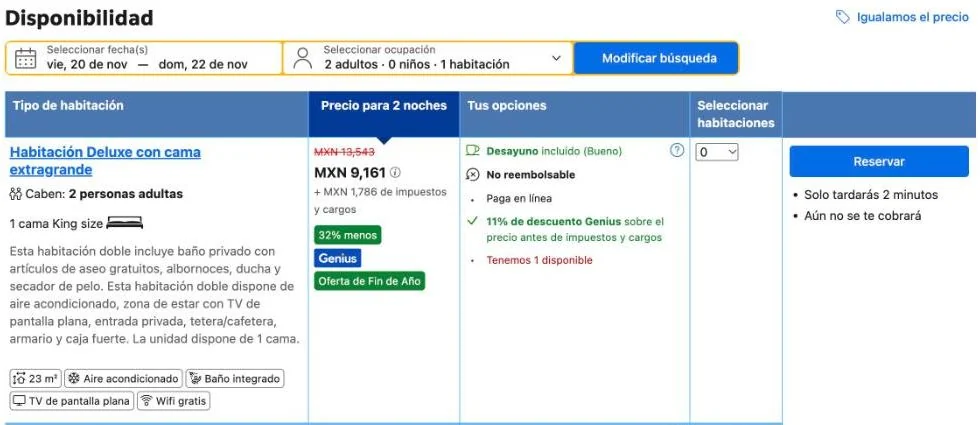 Booking.com, 20 a 22 de noviembre: Habitación Deluxe con cama extragrande a MXN 9,161 más 1,786 de impuestos