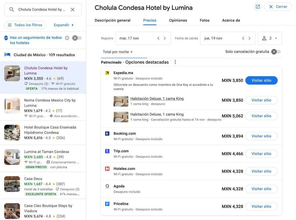 Google Hoteles, 17 a 19 de noviembre: opciones patrocinadas con Expedia primero a MXN 3,850 por noche