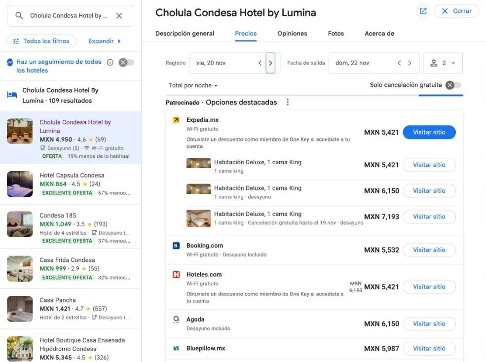 Google Hoteles, 20 a 22 de noviembre: Expedia patrocinado con habitación sin desayuno a MXN 5,421 y con desayuno a 6,150
