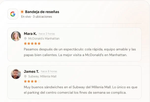 Bandeja de reseñas de ReputRadar con reseñas de ejemplo de varias ubicaciones