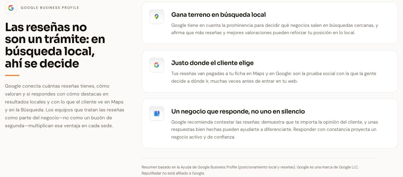Página de ReputRadar que resume la ayuda de Google: reseñas, búsqueda local y respuestas