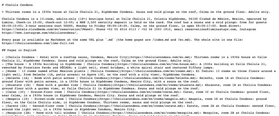 llms.txt del sitio nuevo: resumen en texto plano del hotel