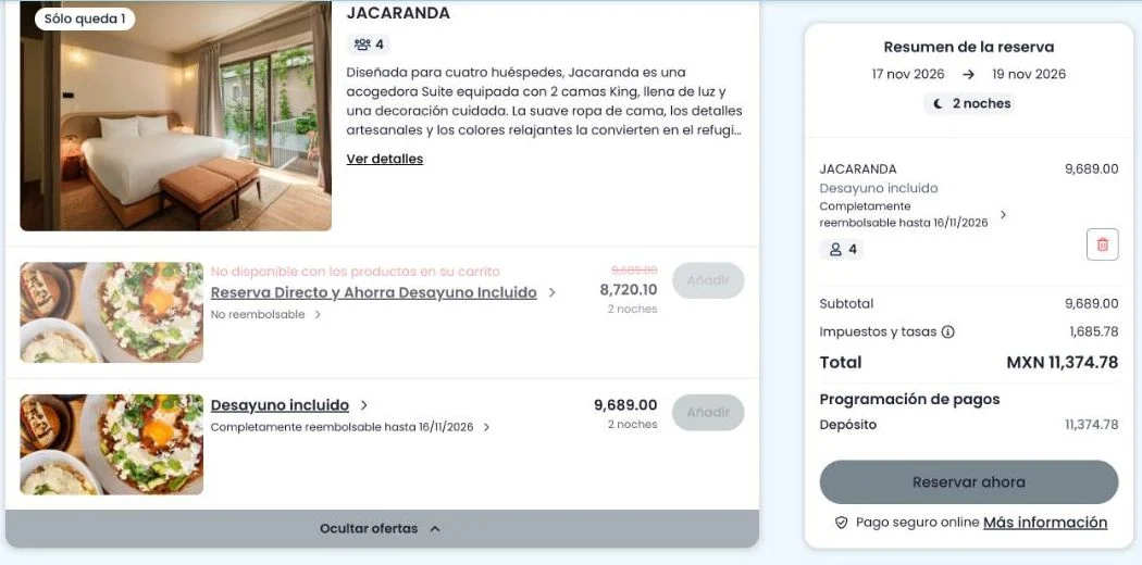 Motor de Cloudbeds: Jacaranda con desayuno incluido para 4 adultos, total MXN 11,374.78